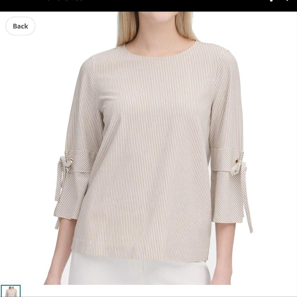 Calvin Klein Beige Striped Seersucker Blouse with Sleeve Ties